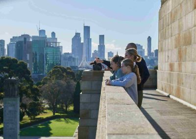 Four kids point at city skyline from a high viewpoint with parks and skyscrapers behind.