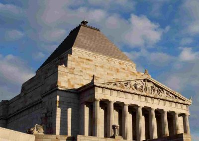 Shrine of Remembrance with pyramid roof and grand classical columns in Melbourne.